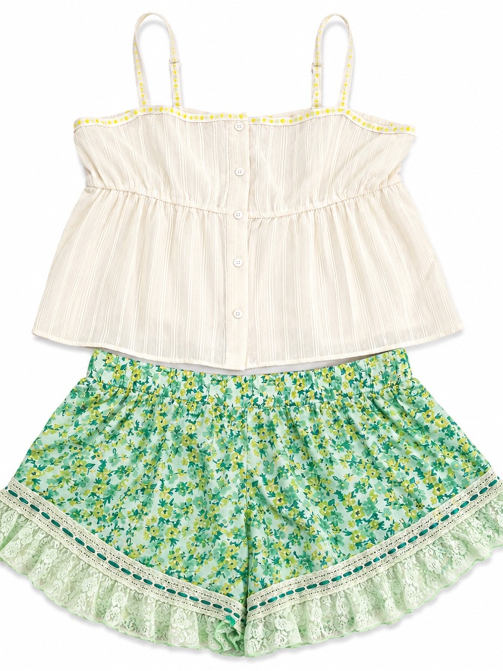 Light Cream Sleeveless Chemise Top with Mint Floral Shorts Set